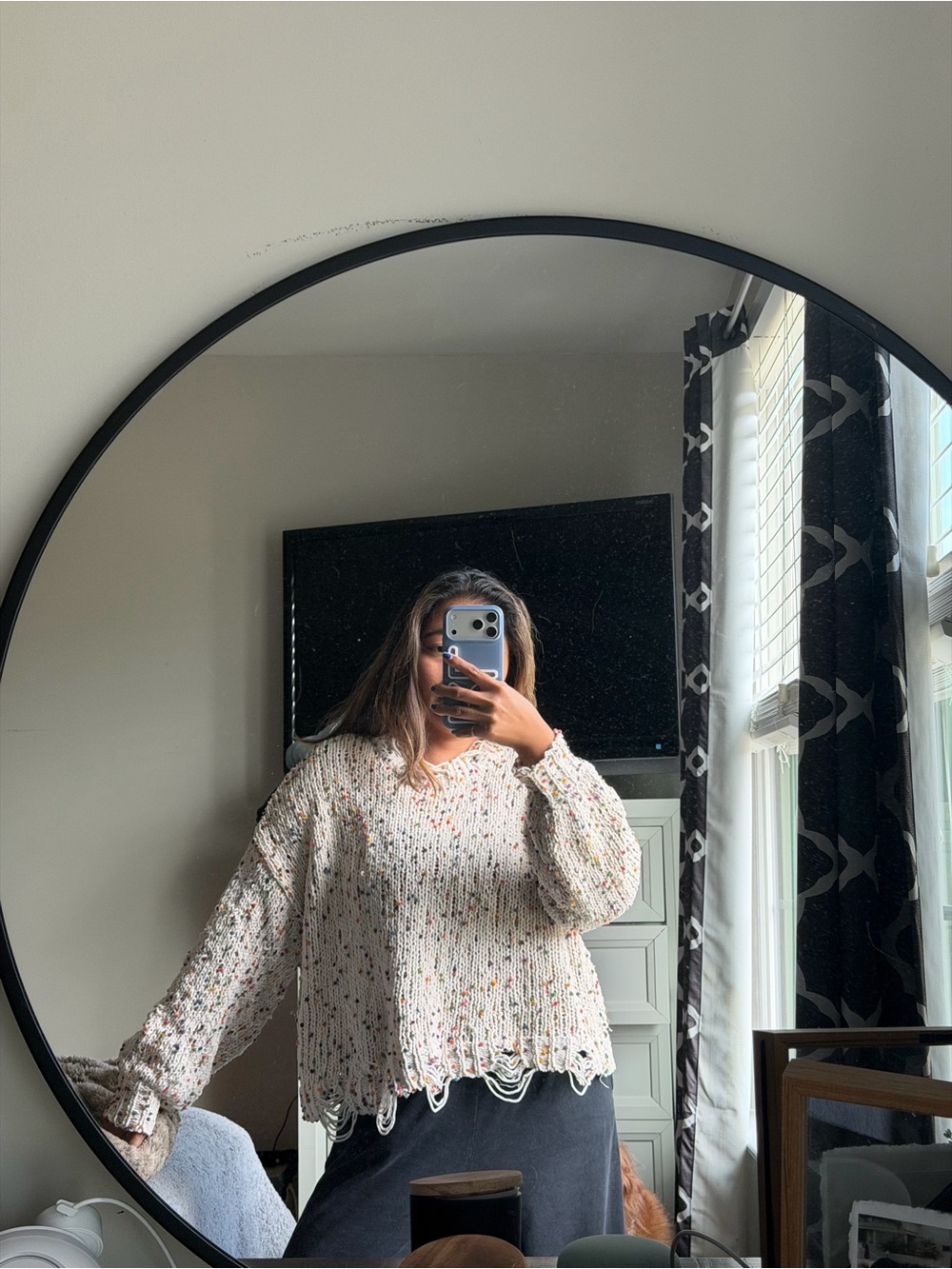 POL Cream Confetti Distressed Knit Sweater